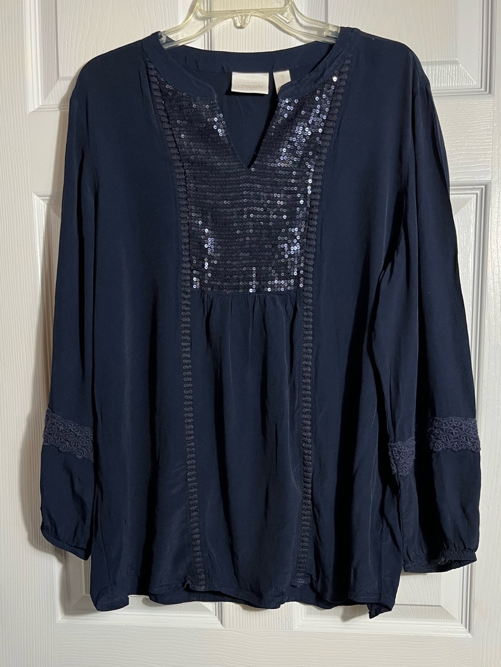 Chico's Navy Blue Sequin V-Neck Blouse 3